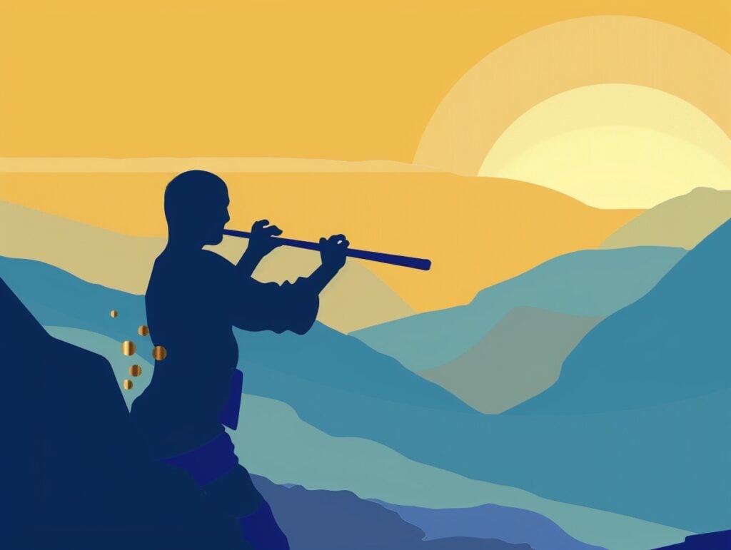 Sunset Flute Player Mountains - Midjourney Kerry Kriger Art